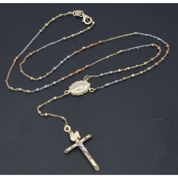 Real 10K Tricolor Gold Rosary Mary Guadalupe Jesus Cross Necklace 3.7gr 18"-24" - Picture 1 of 4